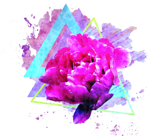 Trendy flower art  with lovely peony and triangles.