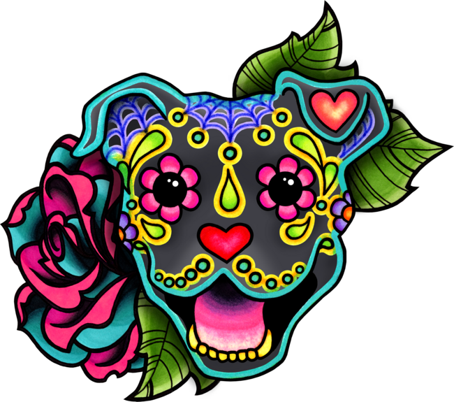 Smiling Pit Bull in Blue - Day of the Dead Pitbull - Sugar Skull by prettyinink