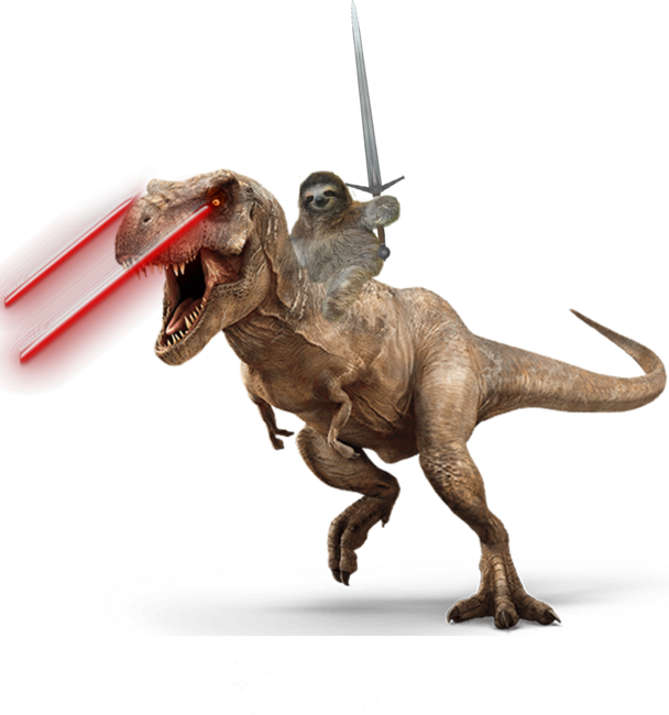 Sloth with a claymore riding a T-rex with laser eyes in Space