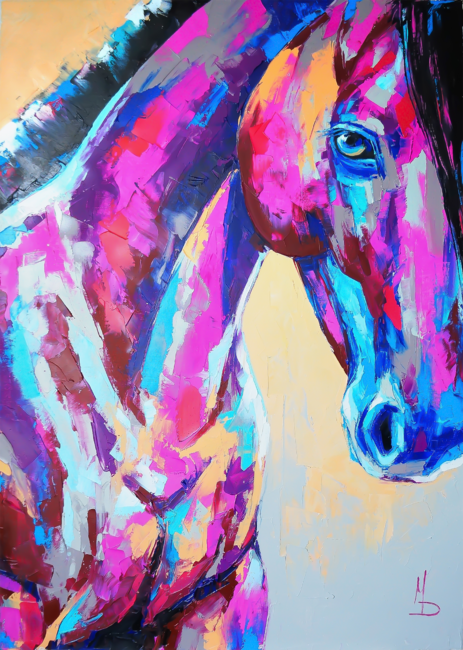 Oil horse portrait painting in multicolored tones.