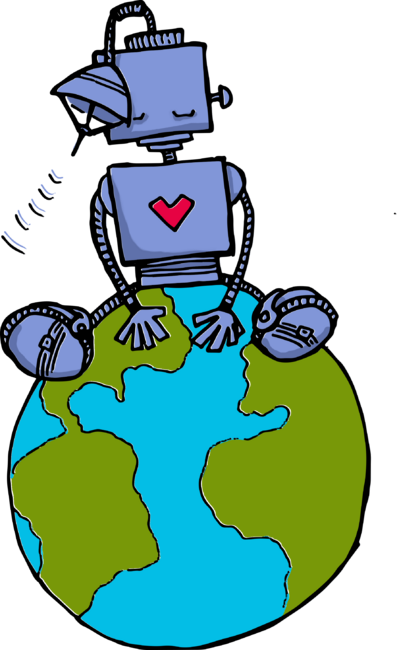 Meditating Peace Love Robot Sitting on Earth