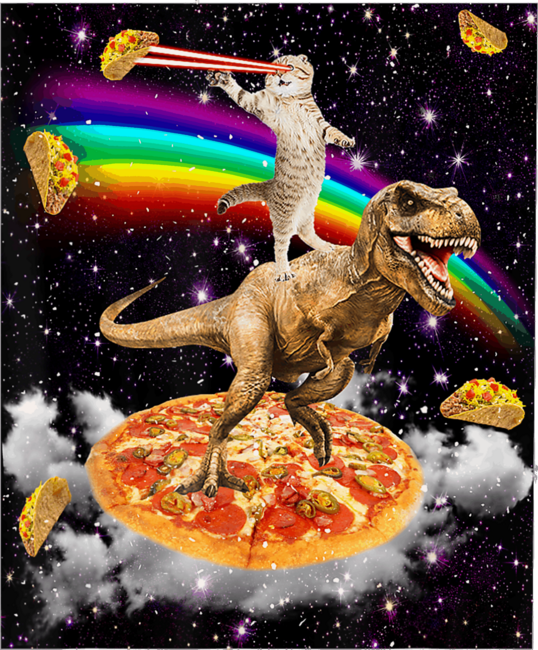Galaxy Laser Cat on Dinosaur on Pizza with Tacos &amp; Rainbow by mkawaiids