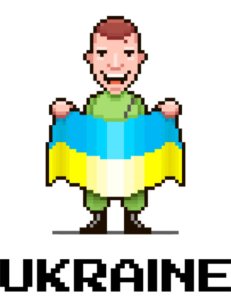 Pixel art soldier hold flag of Ukraine