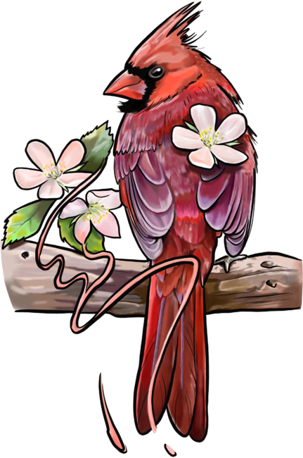 Red Bird With Flowers
