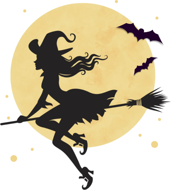 Halloween witch on broomstick wearing wizards hat