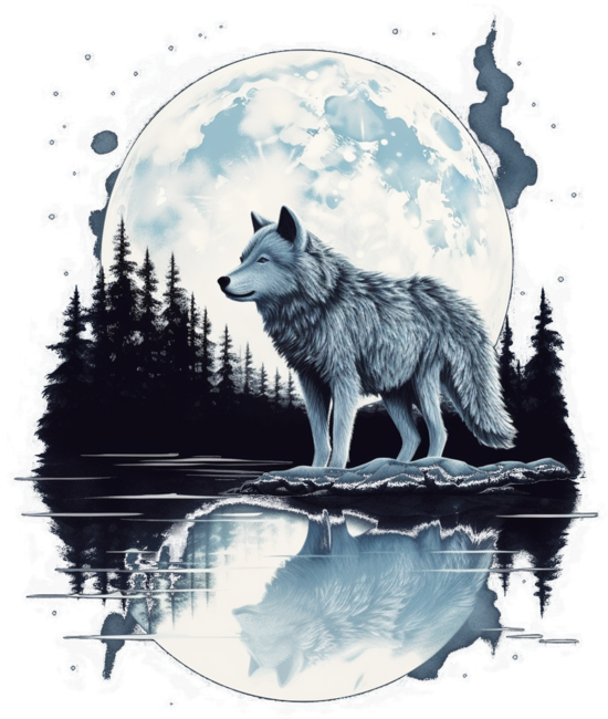 Lone Wolf Survives The Mountain, Moon, Lake, Forest Graphic by VintageStores