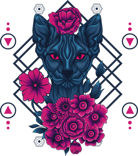 Dark Floral Cat with sacred geometry pattern
