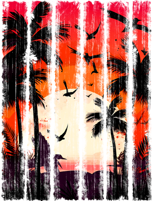 Palm trees, birds, sun, sea