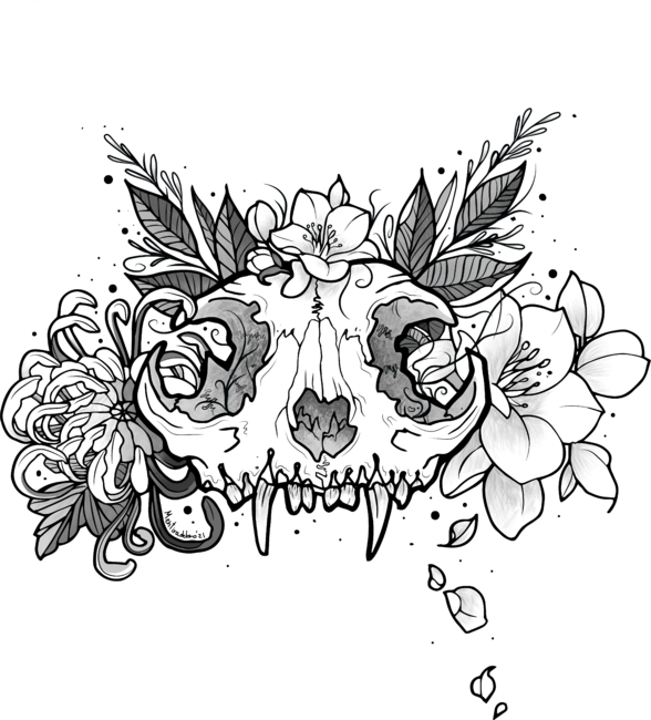 Floral cat skull tattoo design