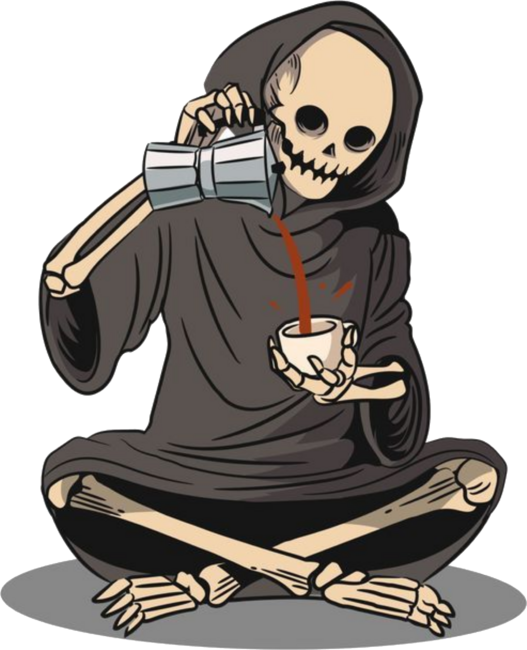 grim reaper having coffee