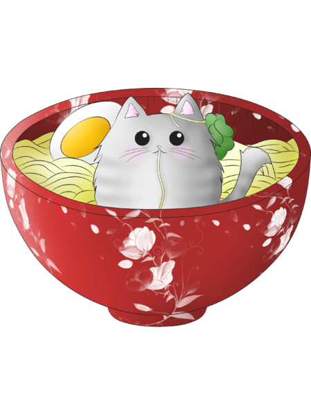 Kawaii cute funny japanese anime cat in a noodles ramen bowl - c