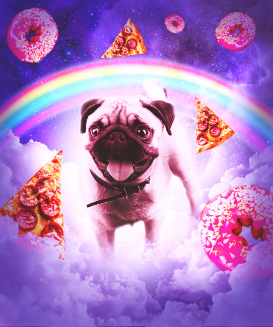 Pugs In The Clouds With Doughnut, Pizza, Rainbow