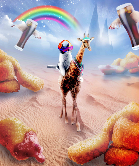 Cat Riding Giraffe With Chicken Nuggets And Cola