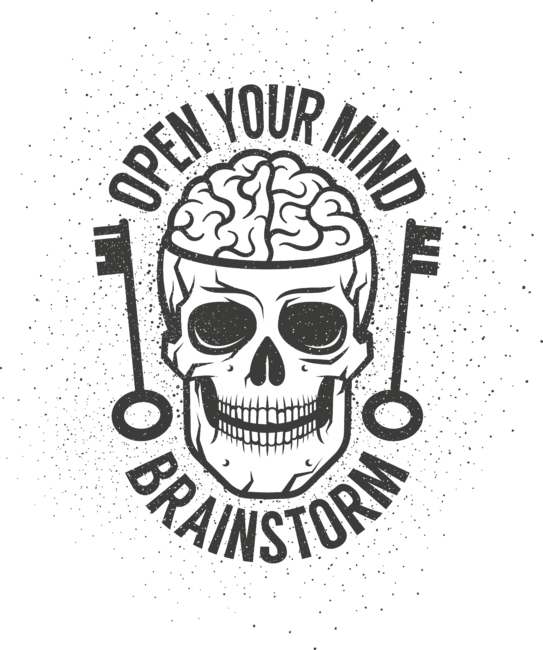 Retro print with a human brain in the skull and old keys