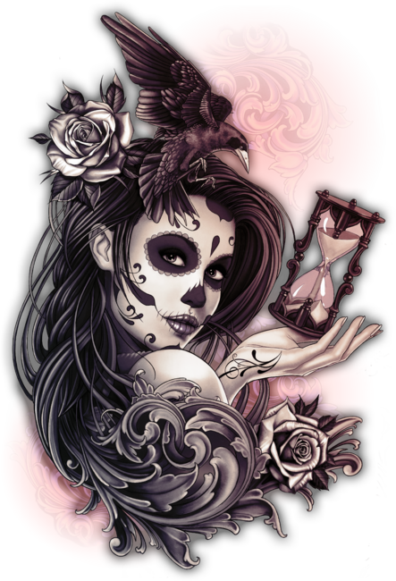 Sugar Skull Girl with Crow and Roses