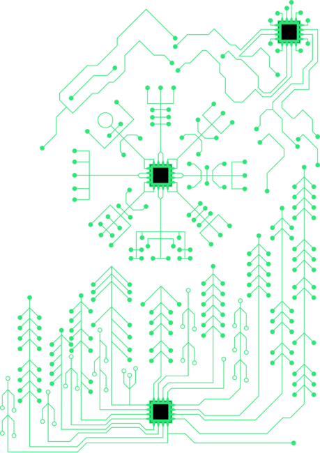 Techno-magic art, woods, mountains, Vegvisir in green color by OpooqOdesign
