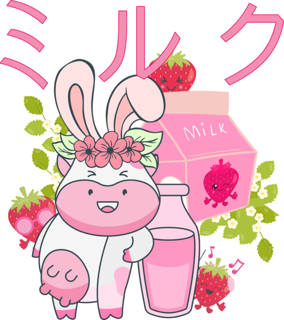 Retro Japanese Strawberry Milk Kawaii Easter Bunny Spring Floral