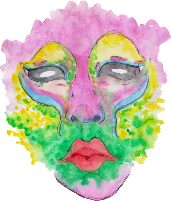 Pink colorful face with black sclera eyes