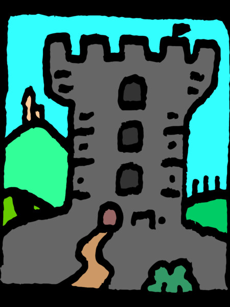Medieval tower and hills comic landscape