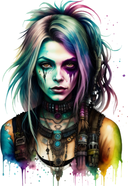 Boho Cyberpunk Hippie Zombie Woman Watercolor Digital Image