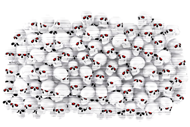 Many skulls with red eyes