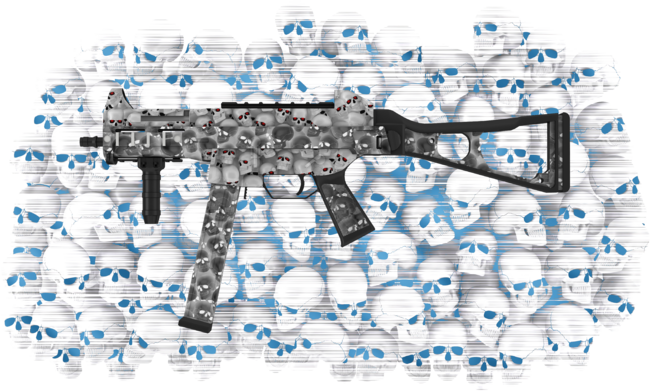 Submachine gun with skulls on a background of skulls