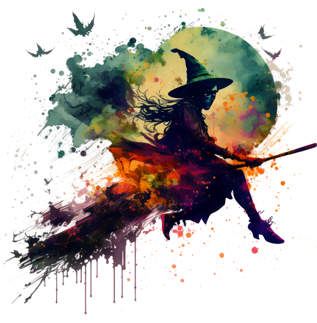 Witch flying on a broom watercolor
