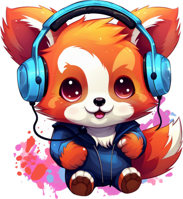 Colorful Kawaii Red Panda With Headphones by AlexaGoodies