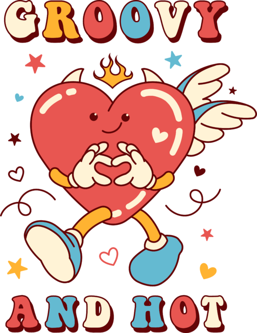 Retro groovy heart, cupid. Fun Valentines day slogan and mascot.