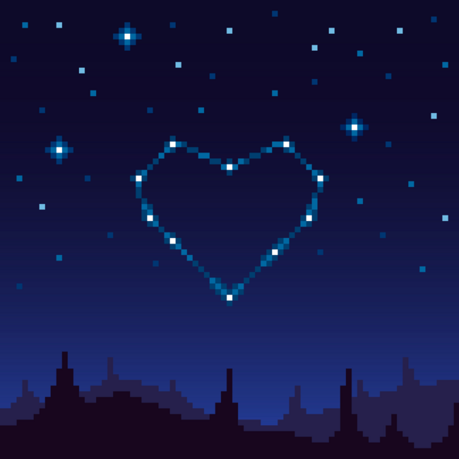 Pixel art space landscape with heart-shaped constellation