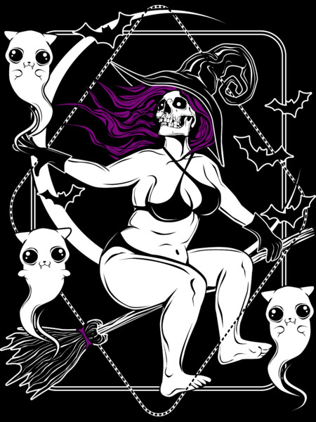Pin-up witch and her ghost kitties