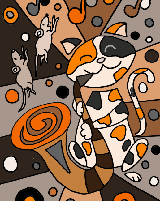 Funny Cool Calico Cat Playing Saxophone Abstract Art by SmileToday
