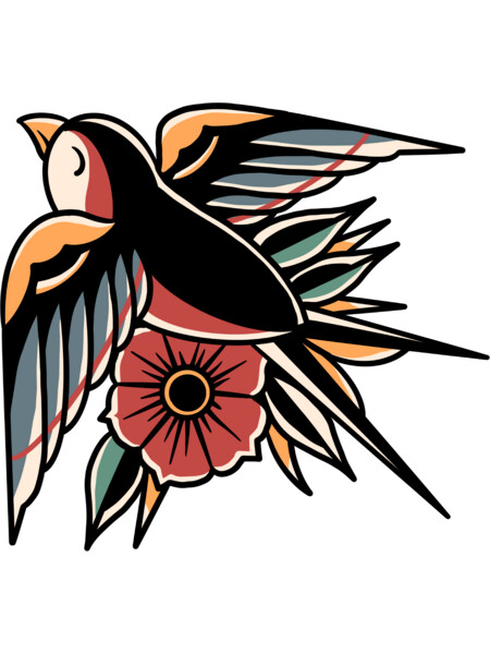 Old school inspired colorful swallow design with rose