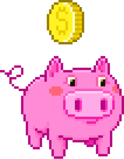 pixel art cartoon pink piggy bank with a coin