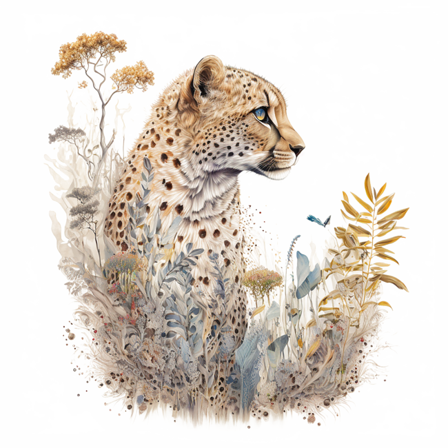 Watercolor Cheetah in Nature, Floral Design