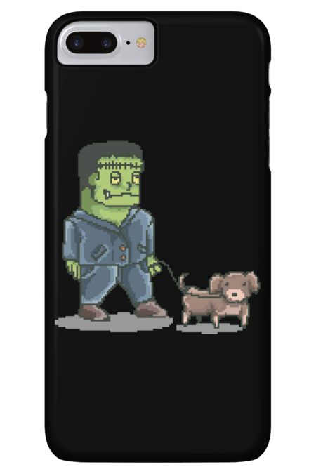 Frankenstein walking a Dog, 80's pixel game graphics