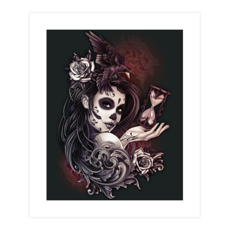 Sugar Skull Girl with Crow and Roses