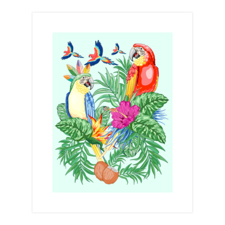 Macaws Parrots Exotic Birds on Tropical Flowers and Leaves