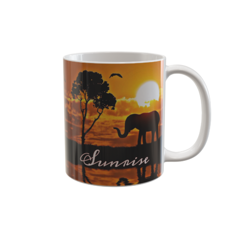 Sunrise with an elephant, tree and birds