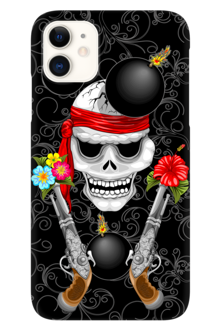 Pirate Skull, Ancient Guns, Flowers and Cannonballs