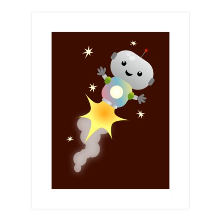 Cute robot flying in space cartoon illustration by thefrogfactory