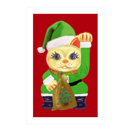 Maneki Neko Good Luck Christmas Green Outfit Gift 2020 by MiskelDesign