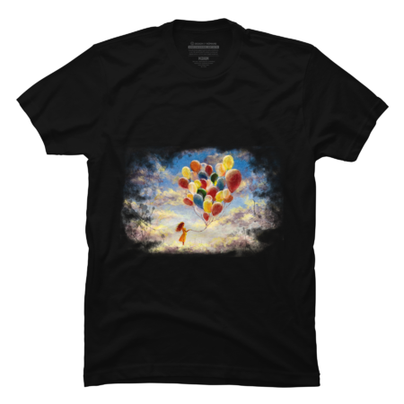 Happy girl with multicolored balloons enjoying on clouds in sky by PaintingArt