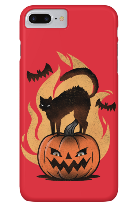 Horrific Cat On Pumpkin With Flying Owls And Fire by ArnyaTees