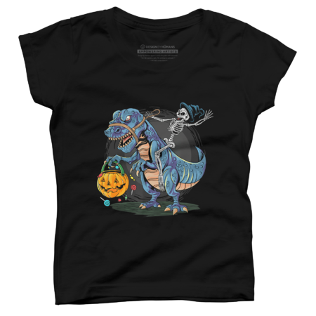Dinosaur T-Shirt Skeleton Riding T Rex Halloween With Candy by JinTan