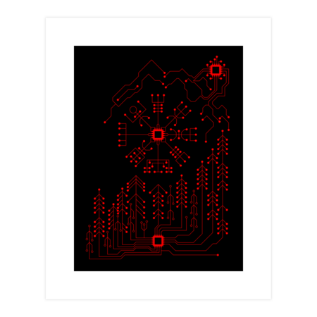 Techno-magic woods, mountains and symbol Vegvisir in red color by OpooqOdesign