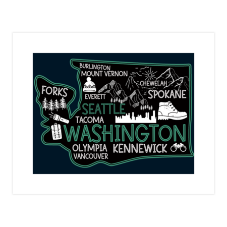 Washington Seattle Cute Map Tacoma Kennewick Forks Spokane by BoogieCreates