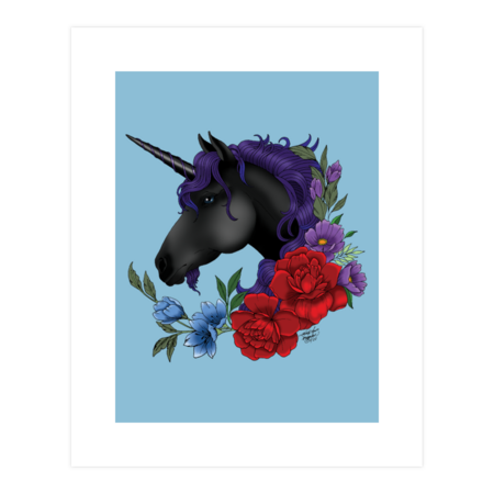 Black Unicorn and Flowers by tigressdragon
