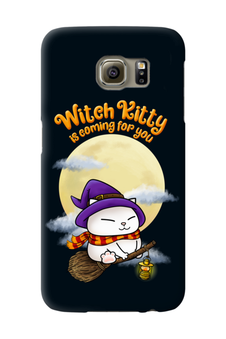 Halloween Witch Cat Flying Broom by TakedaArt