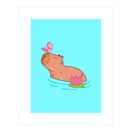 Capybara with pink bird and flower by AnnArtshock